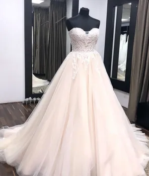 Unique sweetheart neck tulle lace applique long wedding dress, lace bridal dress