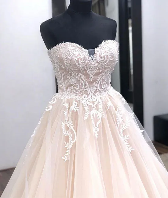 Unique sweetheart neck tulle lace applique long wedding dress, lace bridal dress
