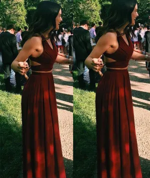 Unique two pieces burgundy long prom dress, evening dress