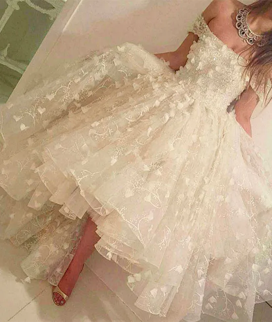 Unique white lace prom dress, cute white lace formal dress