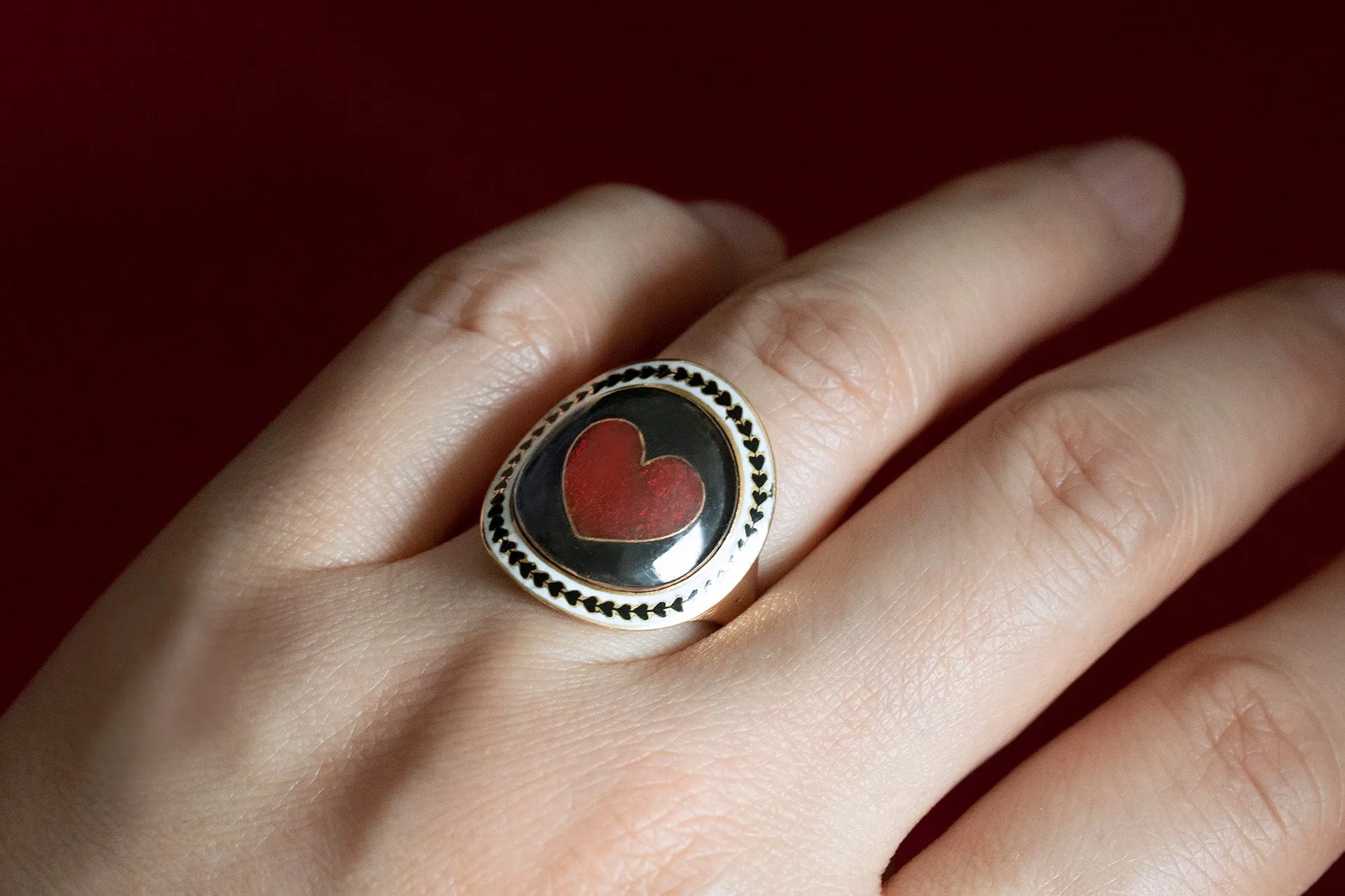 Unusual Mourning Ring with Red Enamel Heart