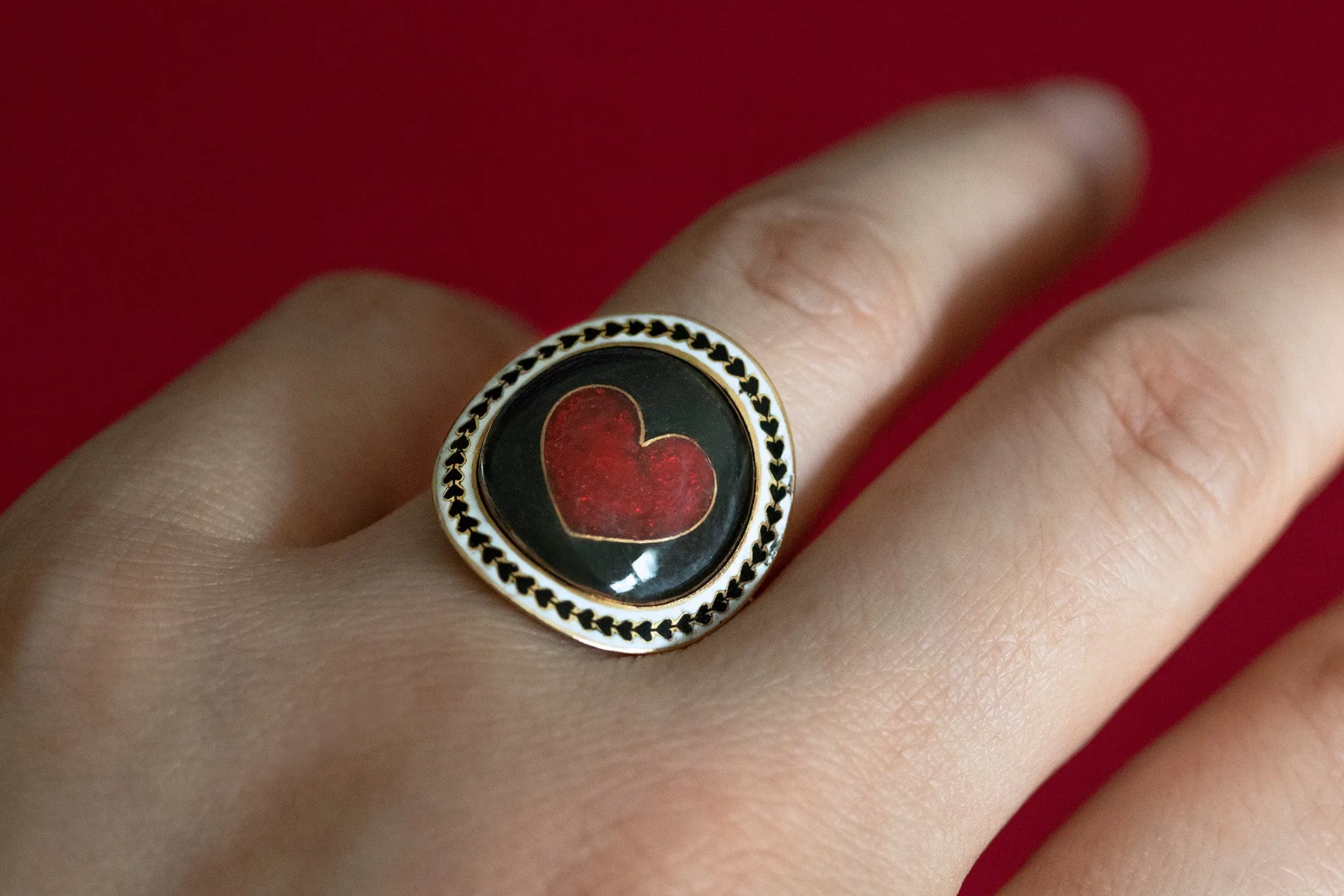 Unusual Mourning Ring with Red Enamel Heart