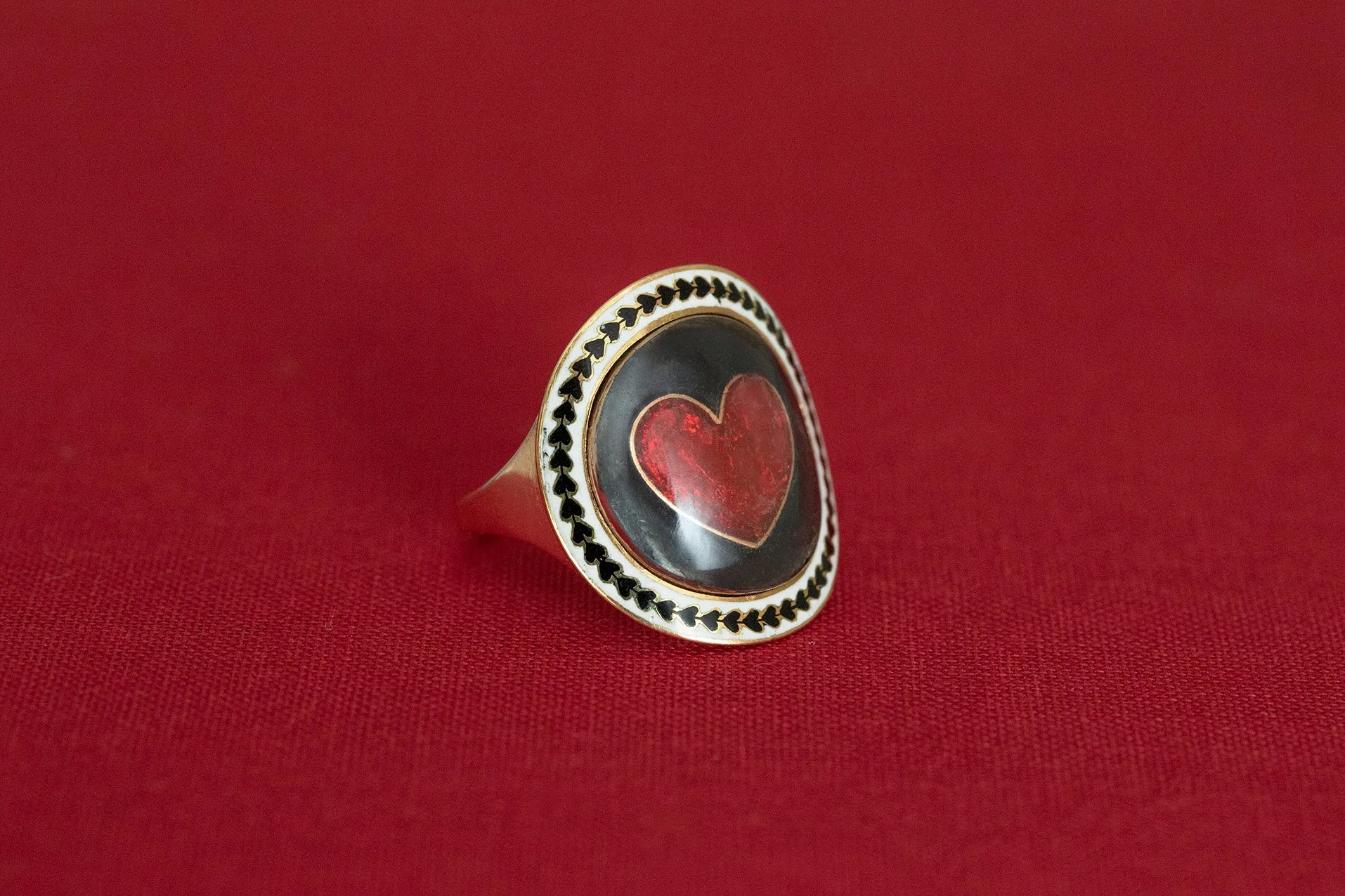 Unusual Mourning Ring with Red Enamel Heart