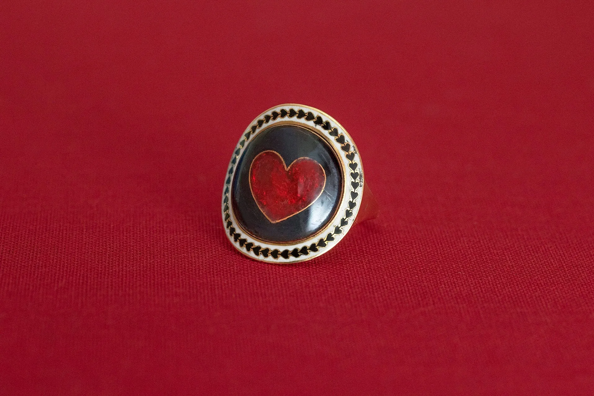 Unusual Mourning Ring with Red Enamel Heart
