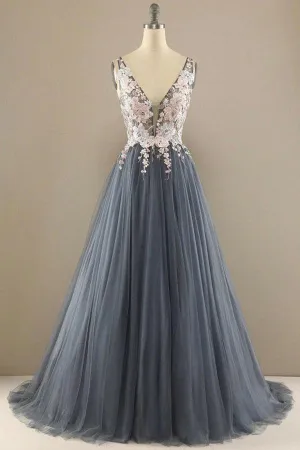 V Neck A-line Tulle Prom Dress Floral Lace Formal Dress TP1155