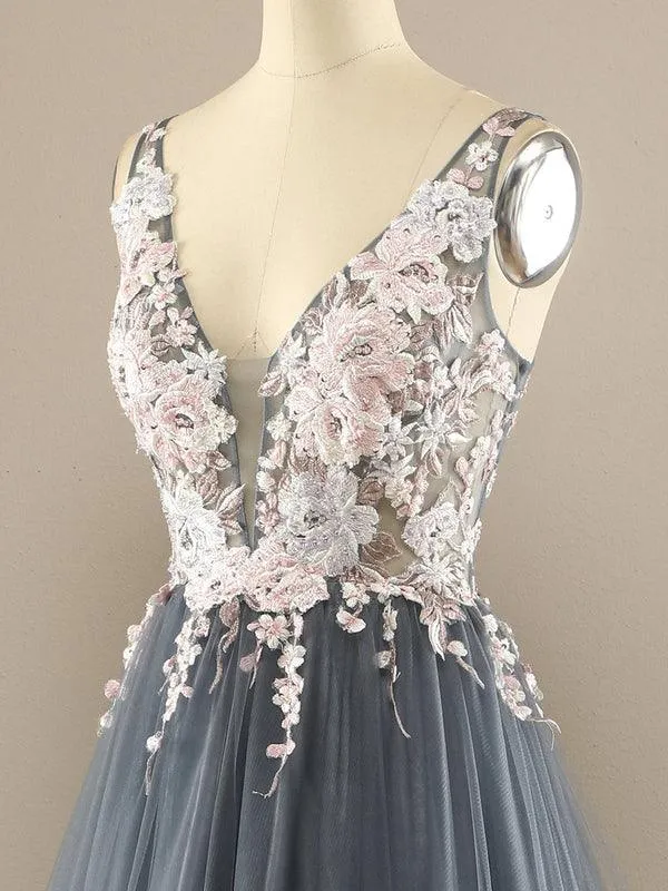 V Neck A-line Tulle Prom Dress Floral Lace Formal Dress TP1155