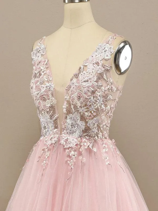 V Neck A-line Tulle Prom Dress Floral Lace Formal Dress TP1155
