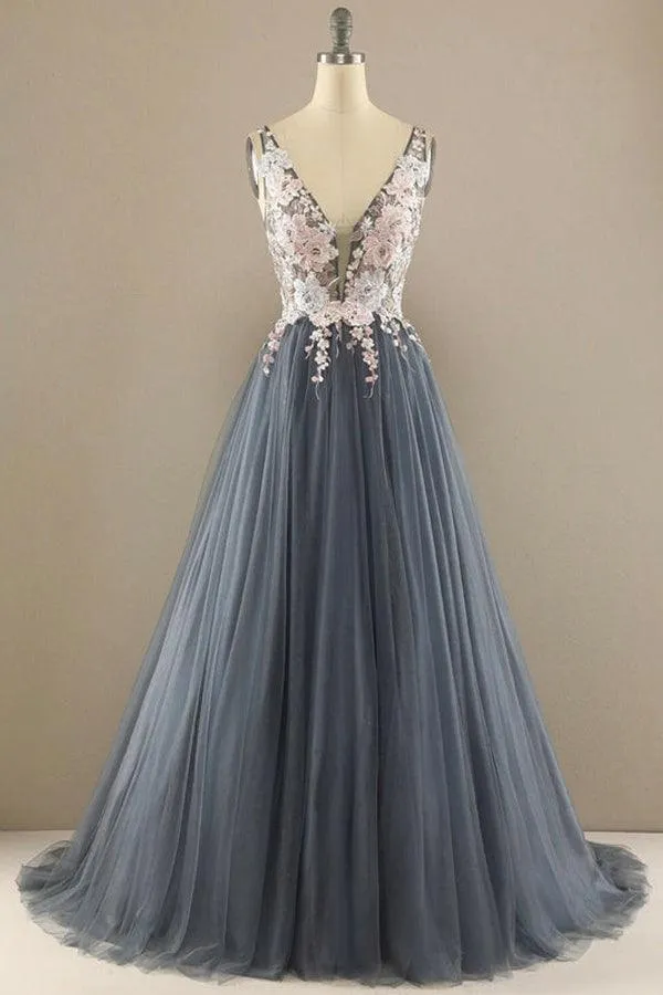 V Neck A-line Tulle Prom Dress Floral Lace Formal Dress TP1155