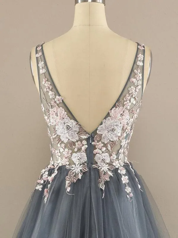 V Neck A-line Tulle Prom Dress Floral Lace Formal Dress TP1155