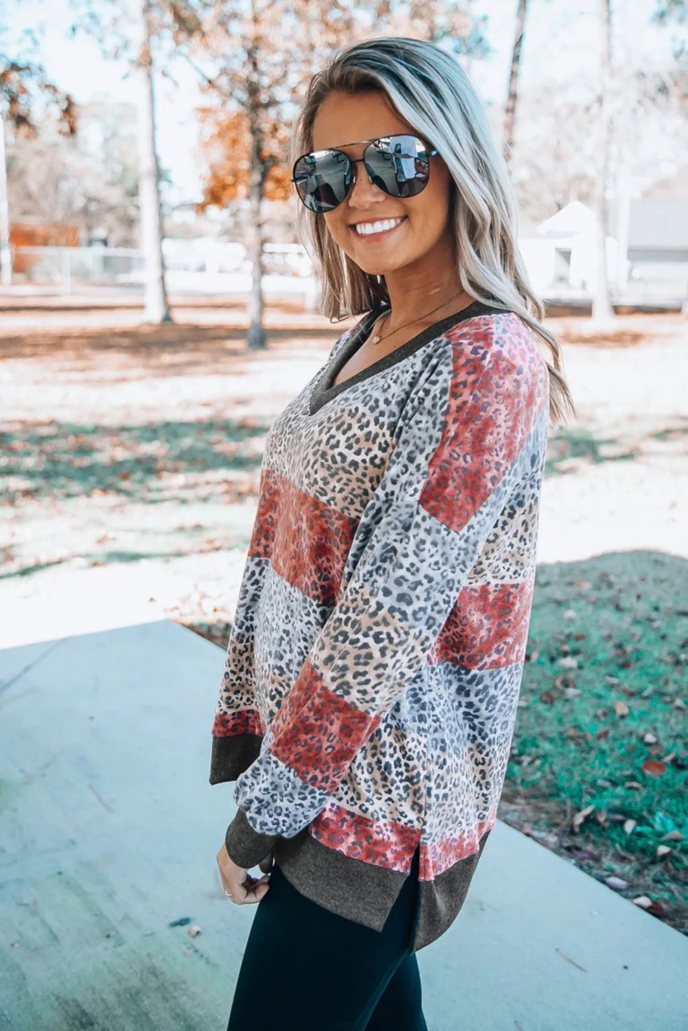 V Neck Drop-Shoulder Sleeve Leopard Color Block Top