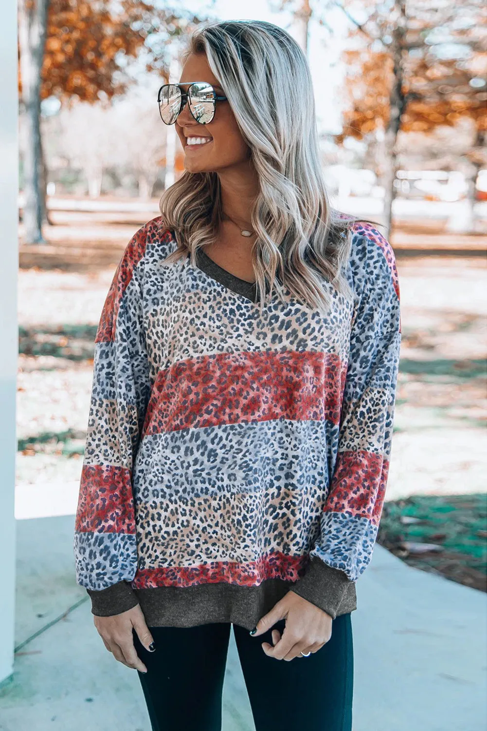 V Neck Drop-Shoulder Sleeve Leopard Color Block Top