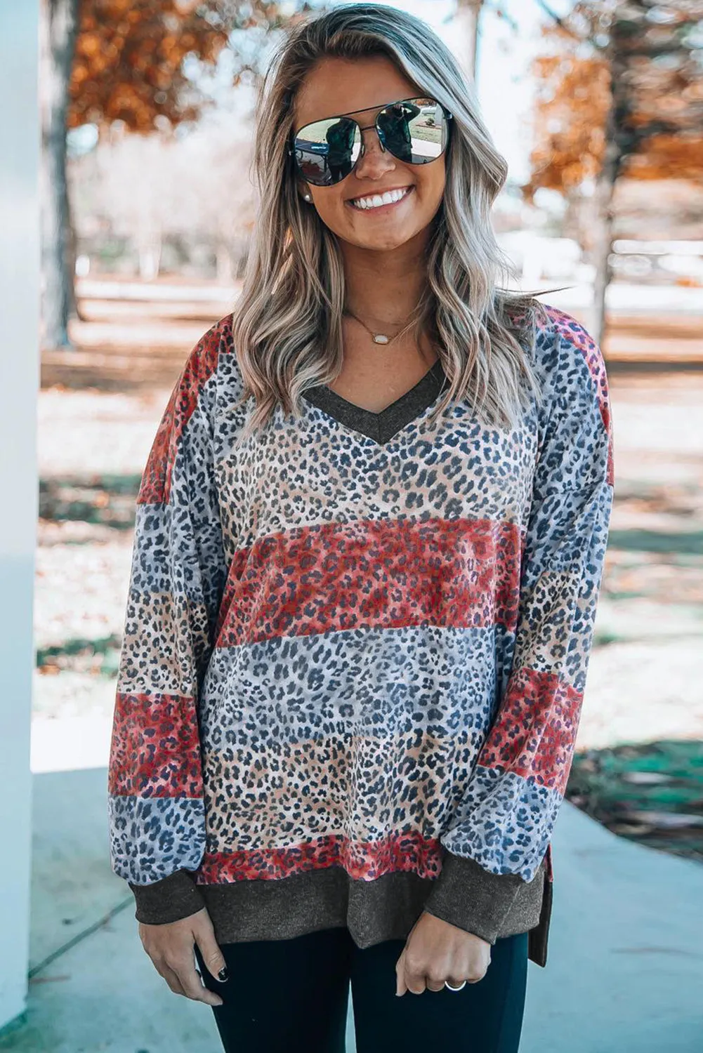 V Neck Drop-Shoulder Sleeve Leopard Color Block Top