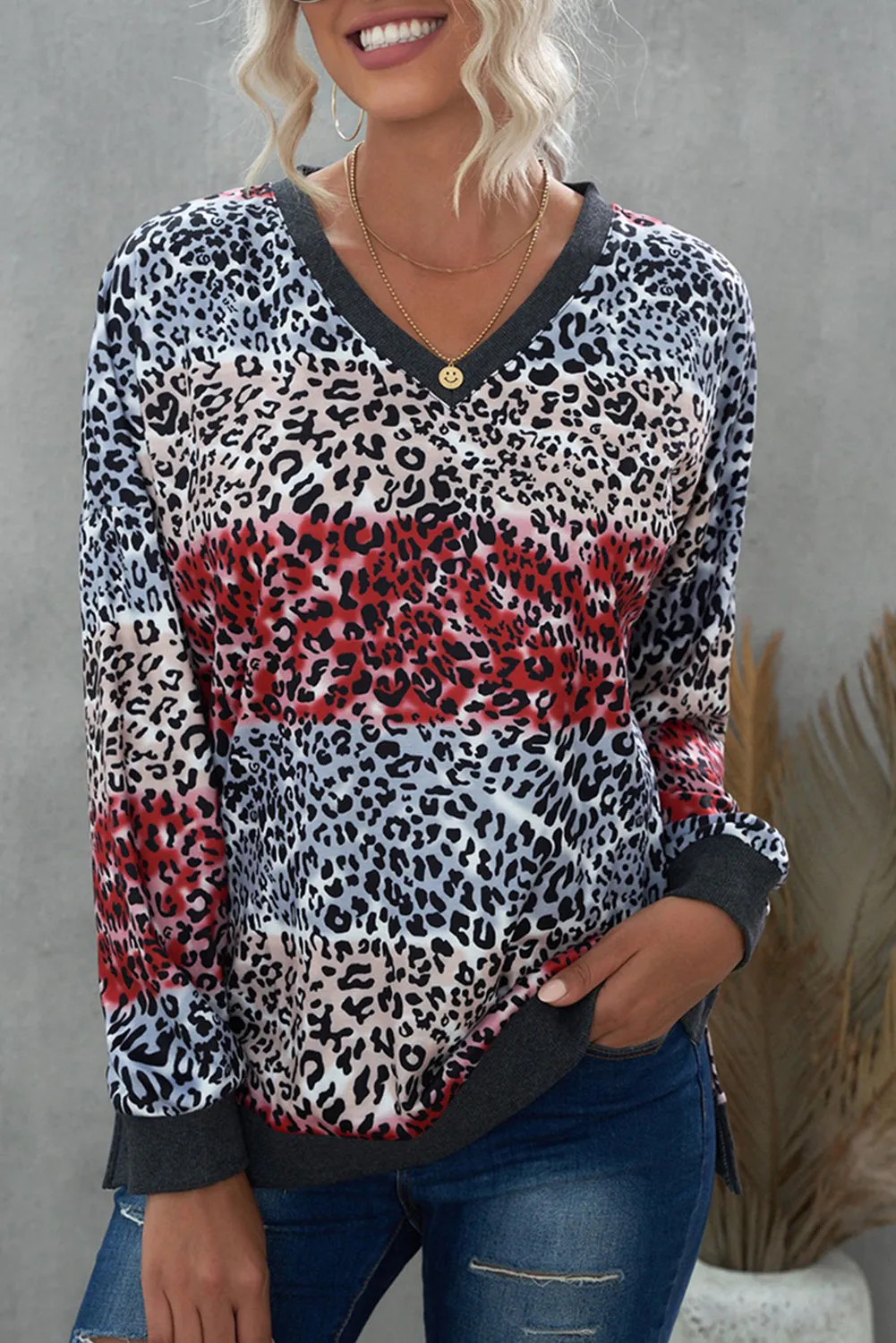 V Neck Drop-Shoulder Sleeve Leopard Color Block Top