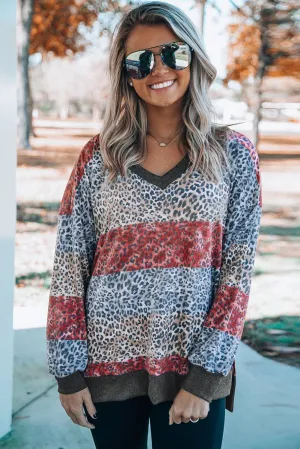 V Neck Drop-Shoulder Sleeve Leopard Color Block Top