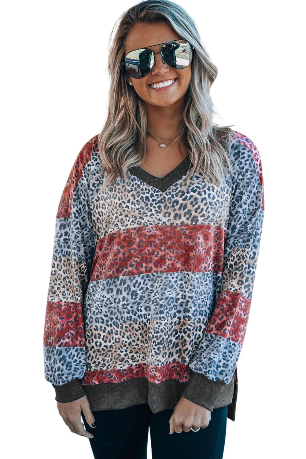 V Neck Drop-Shoulder Sleeve Leopard Color Block Top