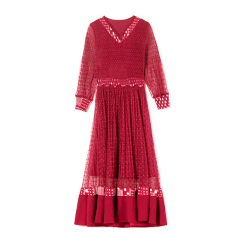 V-neck gentle light cooked wind mesh splicing dress female