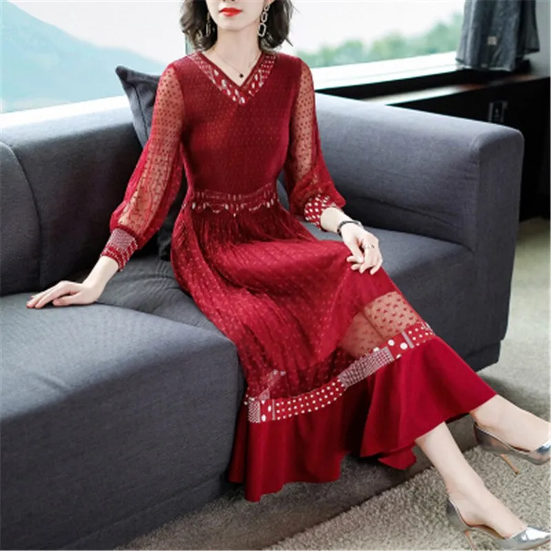 V-neck gentle light cooked wind mesh splicing dress female
