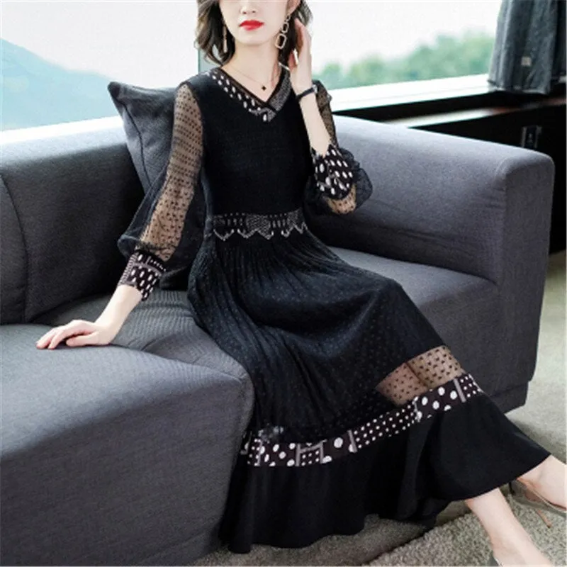 V-neck gentle light cooked wind mesh splicing dress female