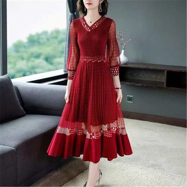 V-neck gentle light cooked wind mesh splicing dress female