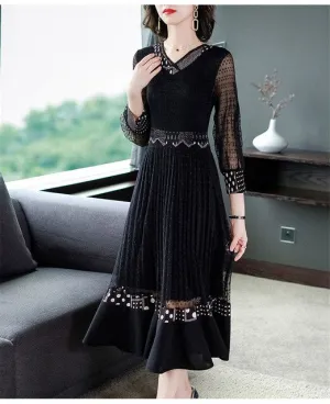 V-neck gentle light cooked wind mesh splicing dress female