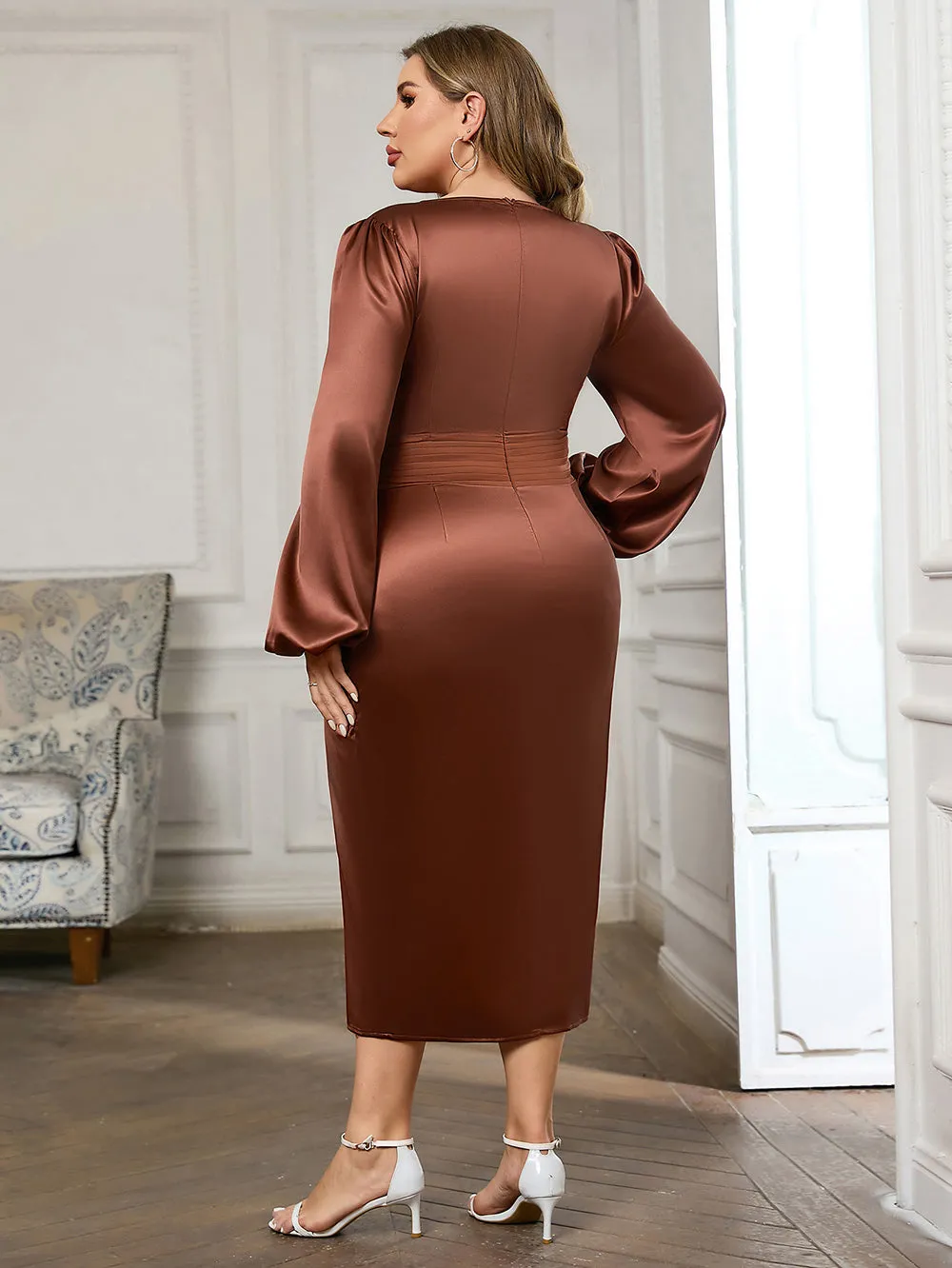 V Neck Long Sleeve Slinky Midi Bodycon Dress HB00913