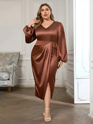 V Neck Long Sleeve Slinky Midi Bodycon Dress HB00913