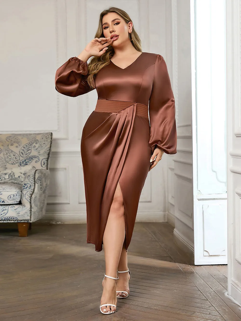 V Neck Long Sleeve Slinky Midi Bodycon Dress HB00913