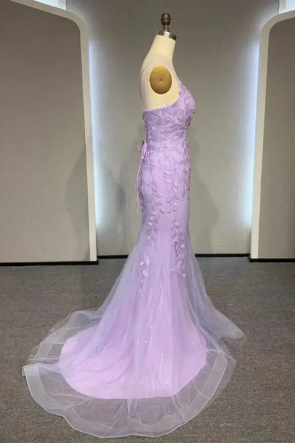 V Neck Mermaid Purple Lace Prom Dresses, V Neck Mermaid Purple Lace Formal Evening Dresses APP0833