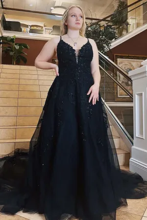 V Neck Open Back Black Lace Long Prom Dress, Black Lace Formal Dress, Black Evening Dress APP0748