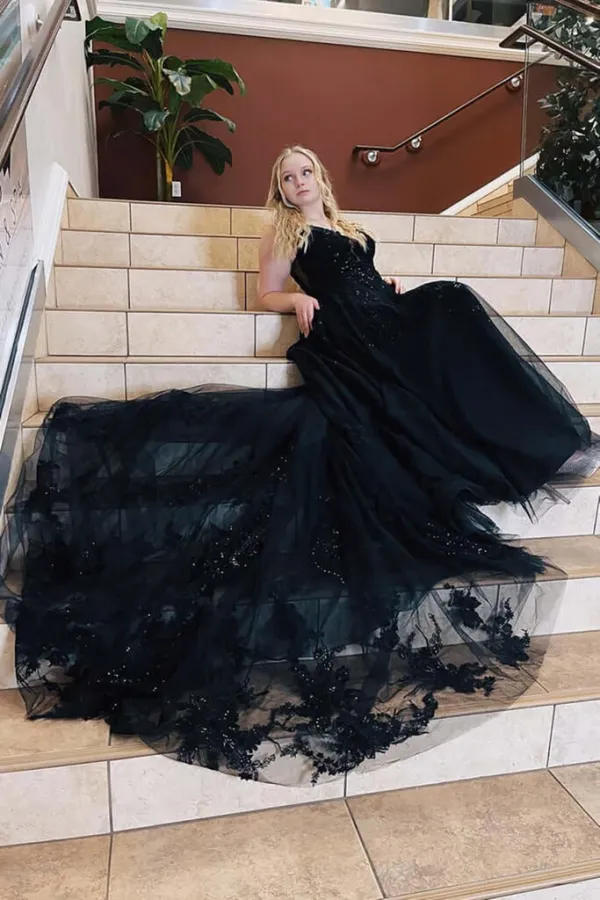 V Neck Open Back Black Lace Long Prom Dress, Black Lace Formal Dress, Black Evening Dress APP0748