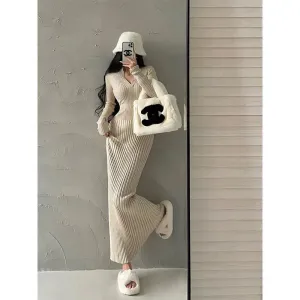 V-neck Slim Long Sleeve Knitted Sweater Dress