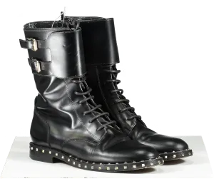 Valentino Garavani Black Leather Rockstud Lace Up Biker Boots UK 5.5 EU 38.5 👠