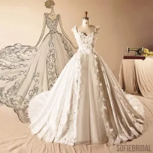 Vantage Satin Long A-line Appliques White Lace Tulle Wedding Dresses, WD0189