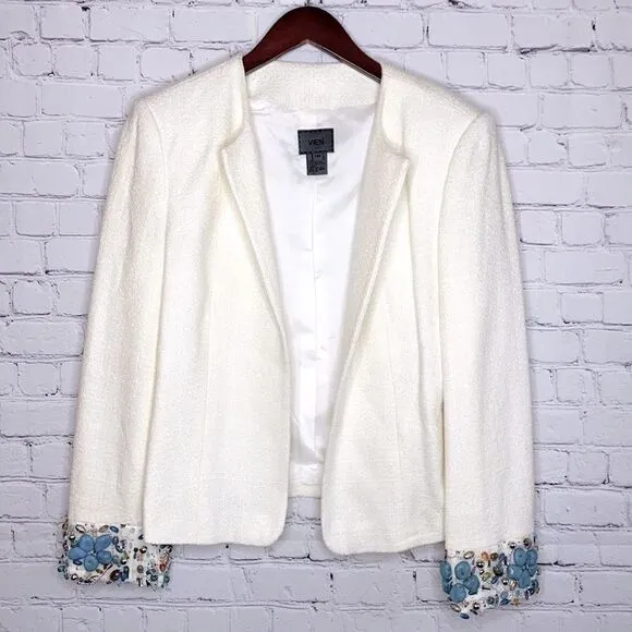Vien Open Front Embellished Cuff Blazer Cream MP