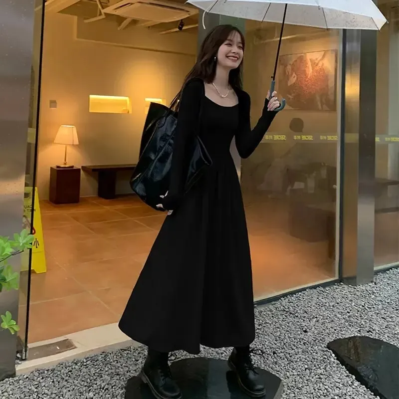 Vintage Square Collar Midi Office Dresses for Women with Pleated Long Sleeve Dress Pockets