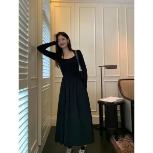 Vintage Square Collar Midi Office Dresses for Women with Pleated Long Sleeve Dress Pockets