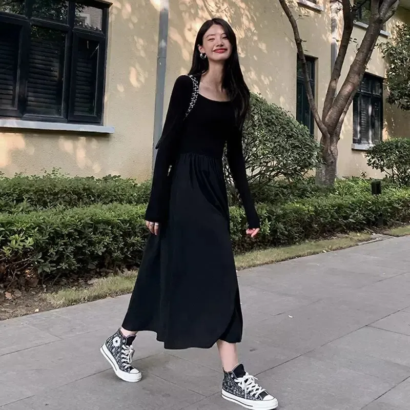 Vintage Square Collar Midi Office Dresses for Women with Pleated Long Sleeve Dress Pockets