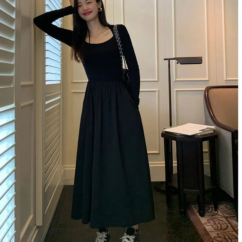 Vintage Square Collar Midi Office Dresses for Women with Pleated Long Sleeve Dress Pockets