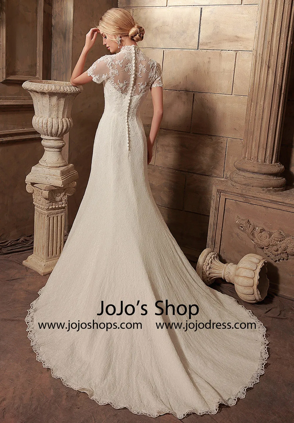 Vintage Style Short Sleeves Lace Wedding Dress | HL1007