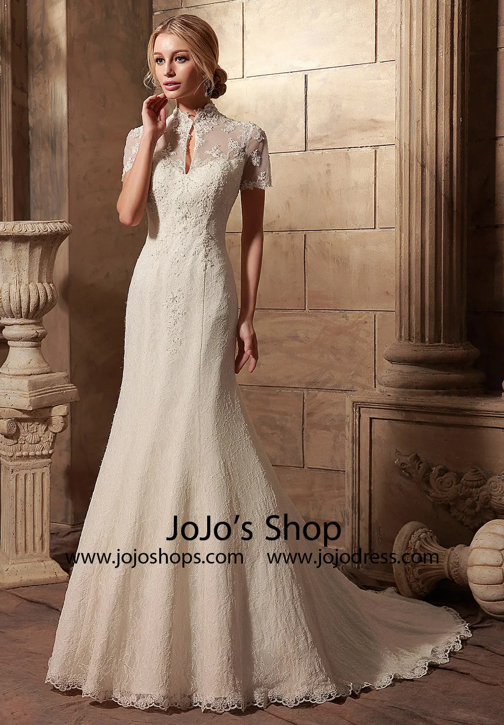 Vintage Style Short Sleeves Lace Wedding Dress | HL1007