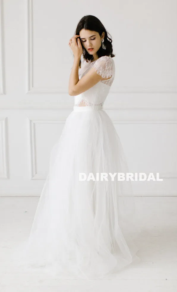 Vintage Two Pieces Cap Sleeve Lace Top White Lace Long A-Line Tulle Backless Wedding Dresses, D840