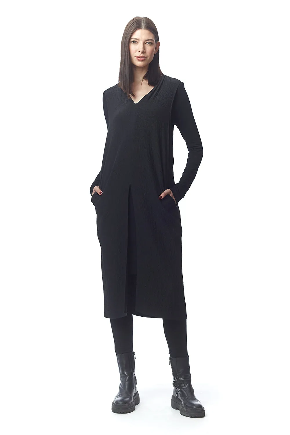 Viterbo V-Neck Dress in Hammered Satin   Jersey w/Zipper at Center Back