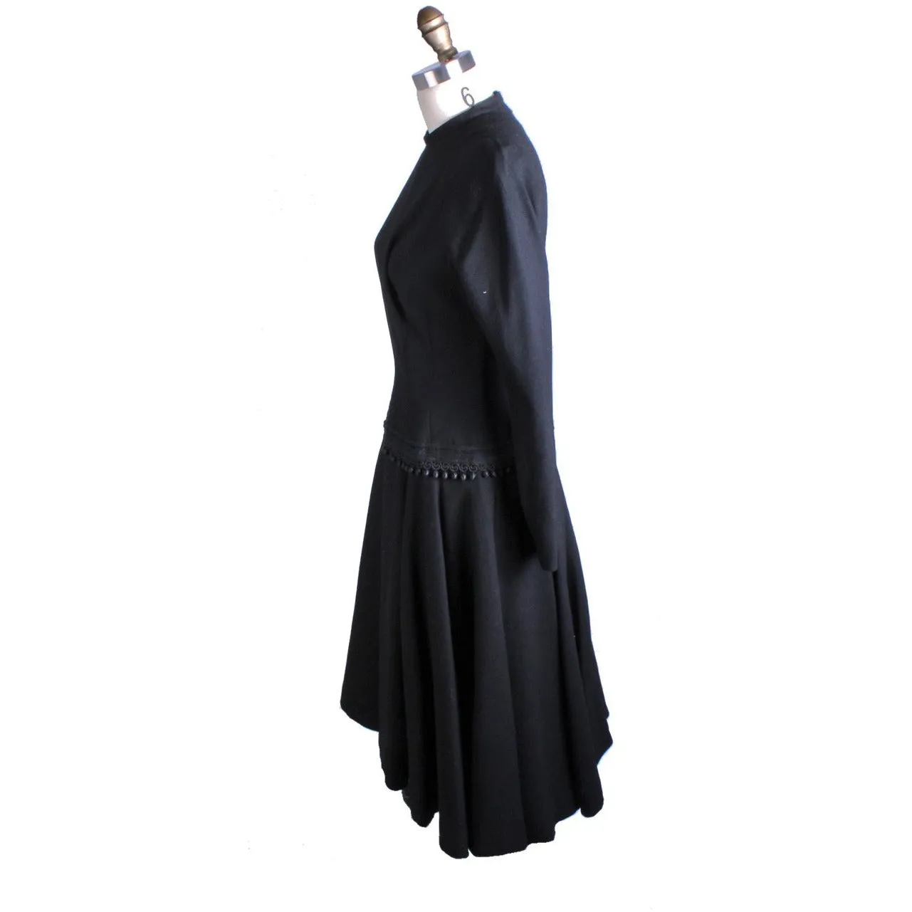 VTG Black Late 1940s Dress With Corde Ball Fringe Hip Detail LBD Wool New Look Womens S/M