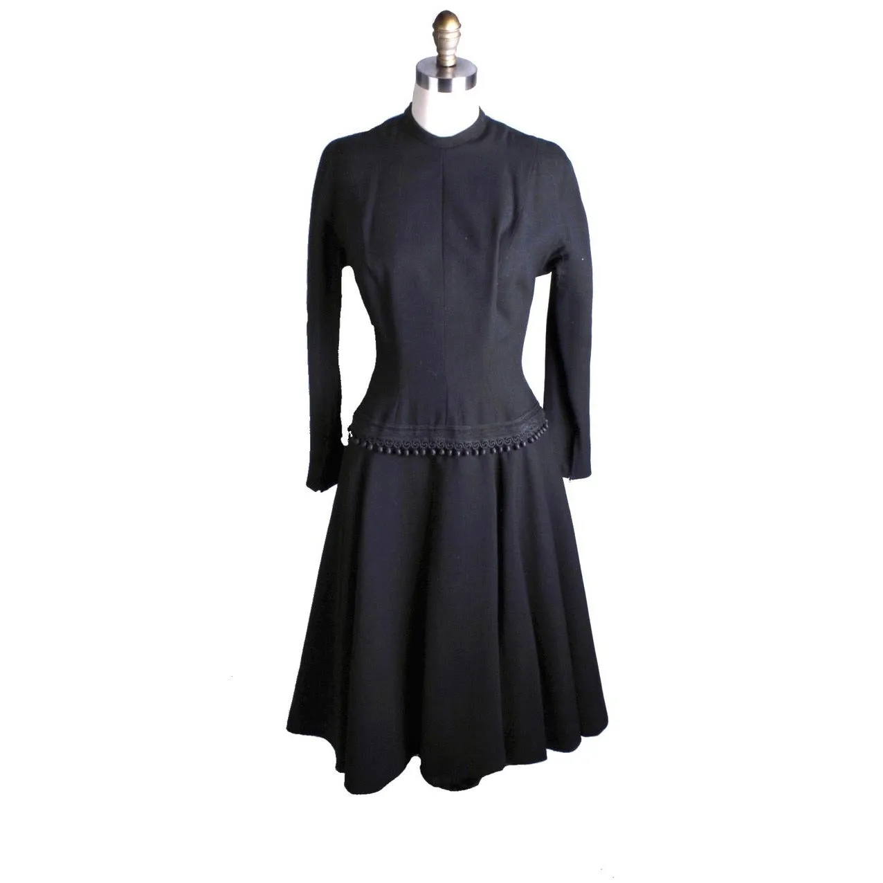VTG Black Late 1940s Dress With Corde Ball Fringe Hip Detail LBD Wool New Look Womens S/M