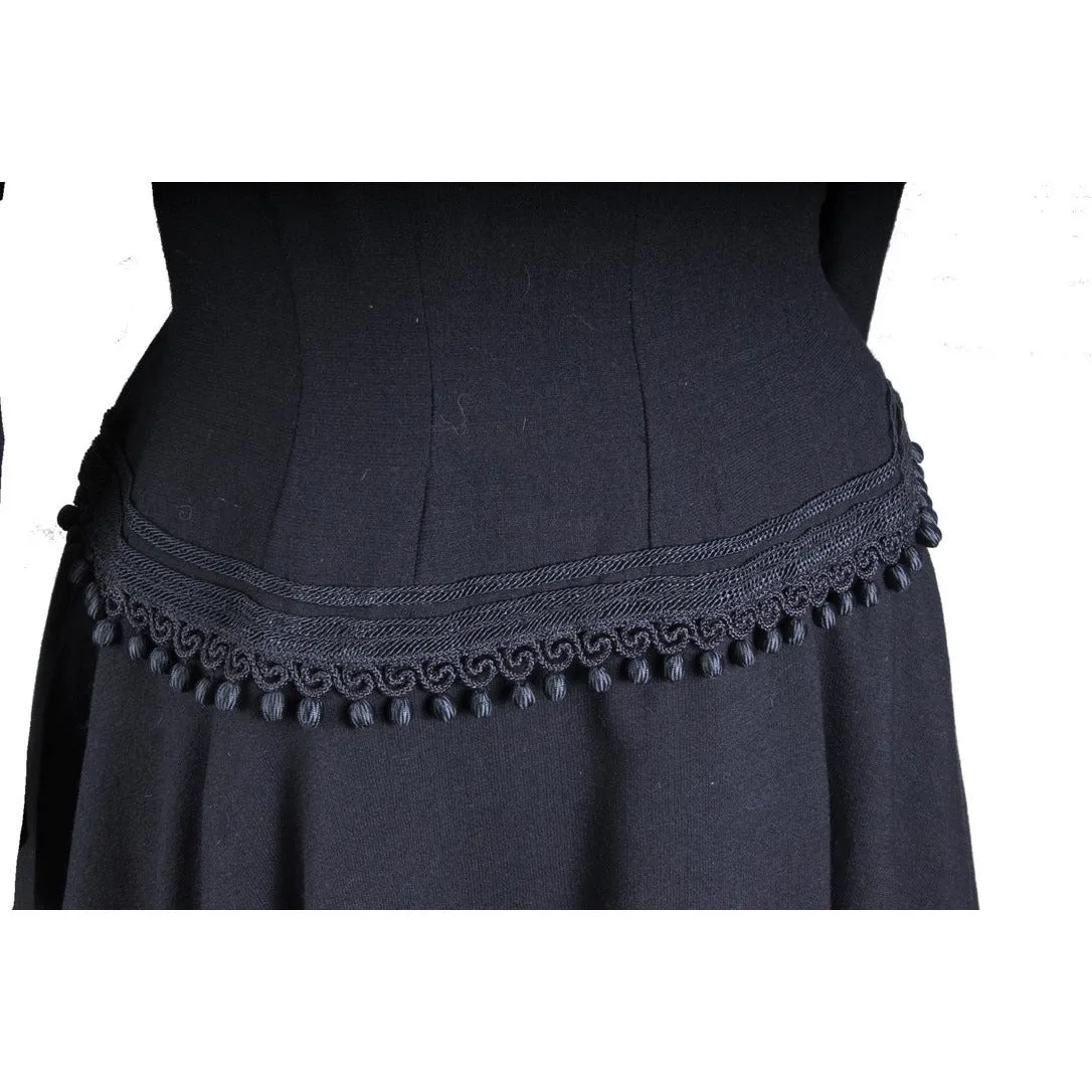 VTG Black Late 1940s Dress With Corde Ball Fringe Hip Detail LBD Wool New Look Womens S/M