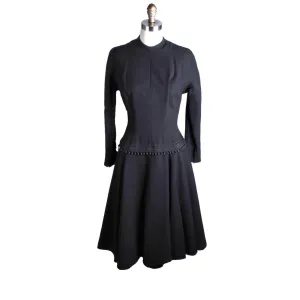 VTG Black Late 1940s Dress With Corde Ball Fringe Hip Detail LBD Wool New Look Womens S/M