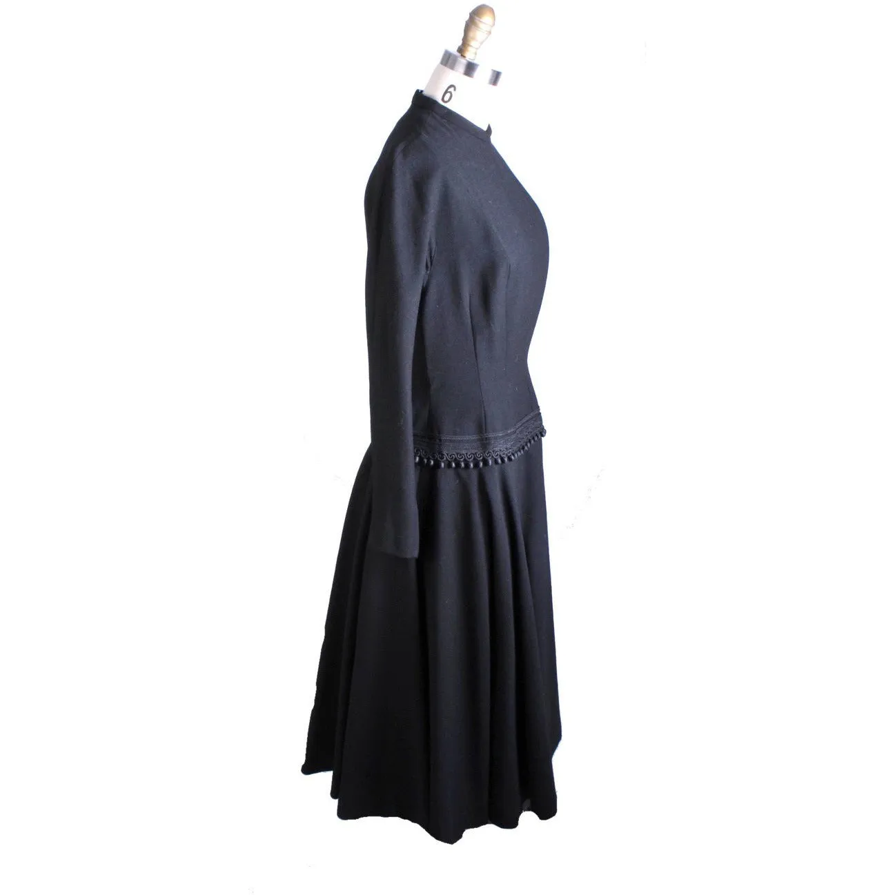 VTG Black Late 1940s Dress With Corde Ball Fringe Hip Detail LBD Wool New Look Womens S/M