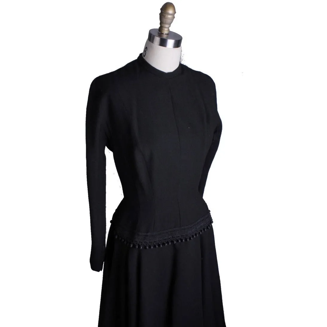 VTG Black Late 1940s Dress With Corde Ball Fringe Hip Detail LBD Wool New Look Womens S/M