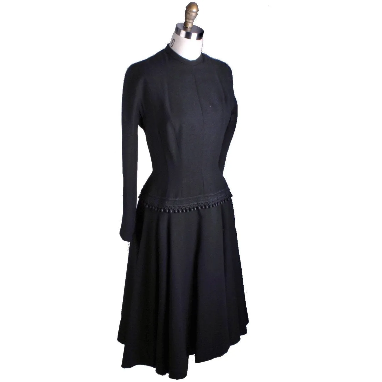 VTG Black Late 1940s Dress With Corde Ball Fringe Hip Detail LBD Wool New Look Womens S/M