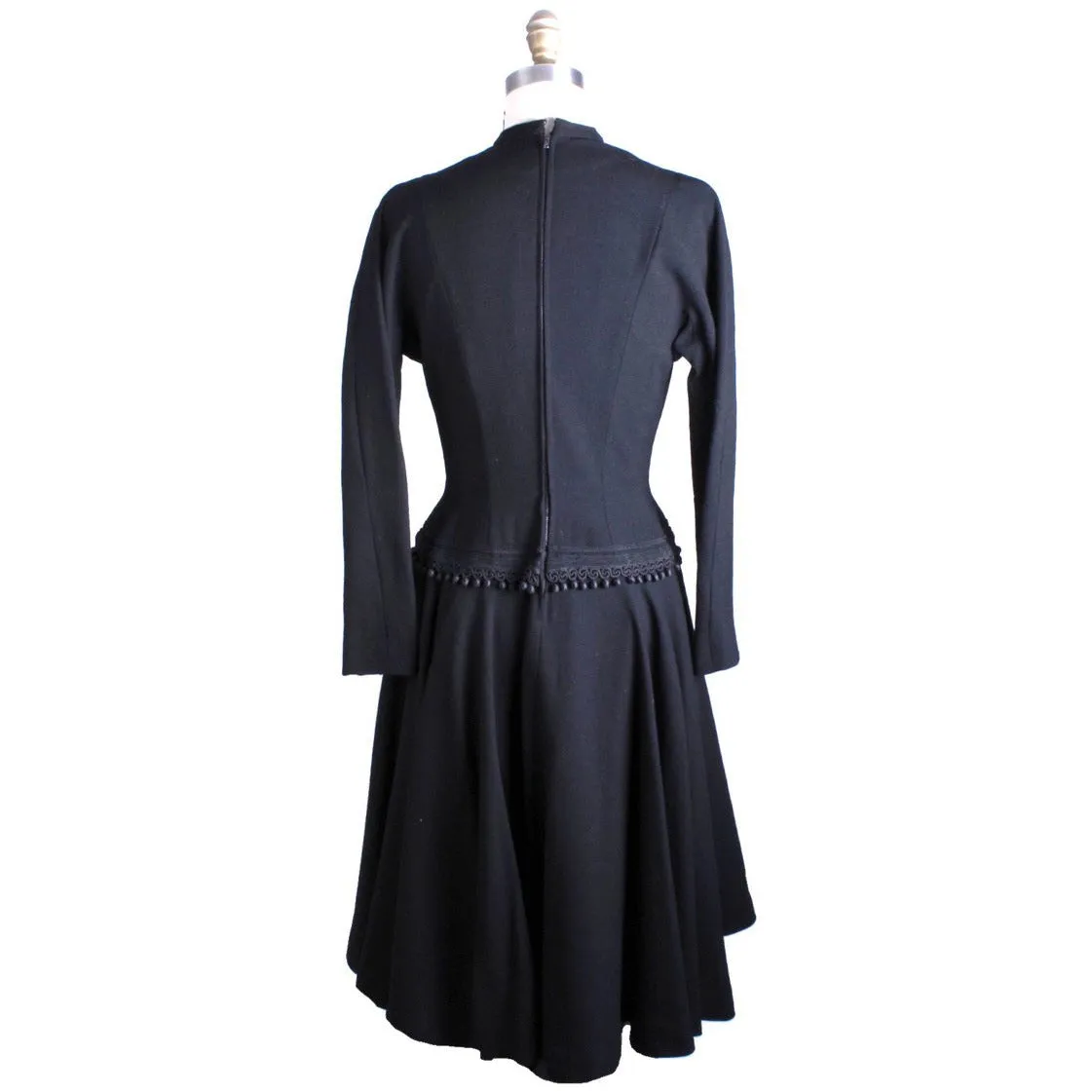 VTG Black Late 1940s Dress With Corde Ball Fringe Hip Detail LBD Wool New Look Womens S/M